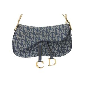 Dior Blue Gold Bag Christian Saddle Trotter Leather Navy Double Canvas